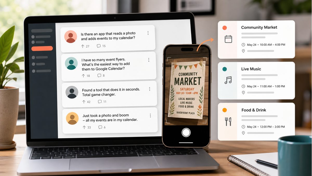 A community discussion about adding event photos to a calendar without typing